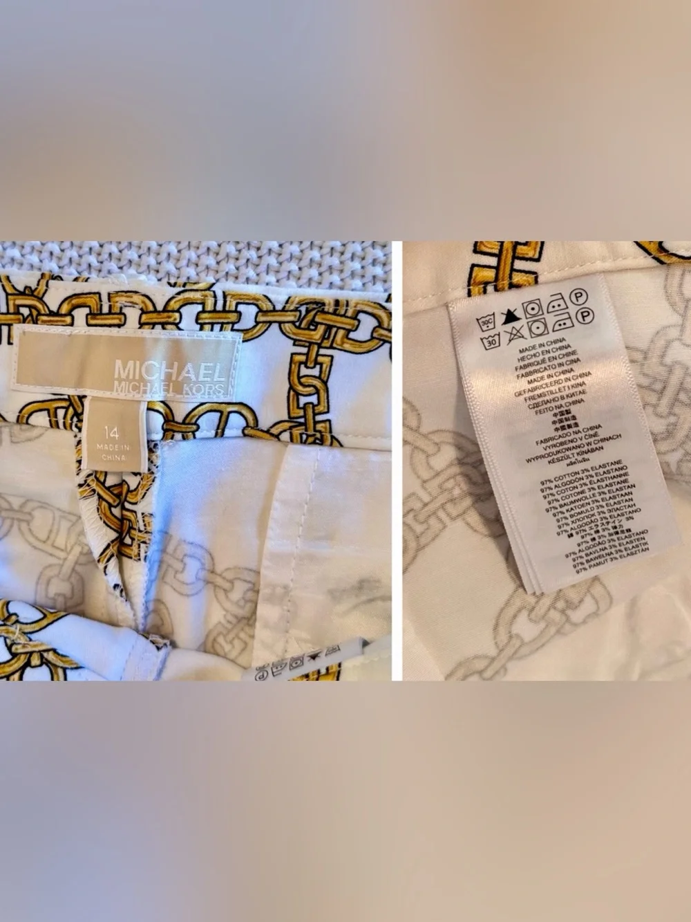 MICHAEL KORS Stretchy White & Gold Chain Print Skinny Pants